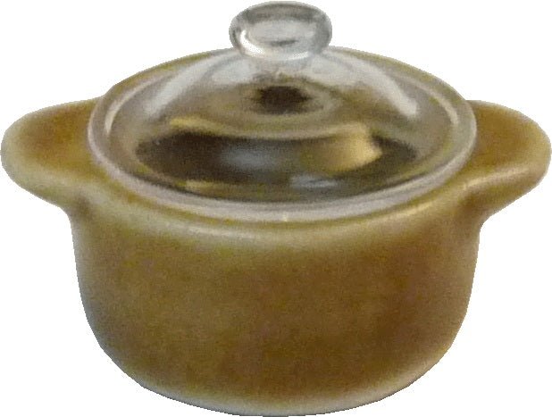 Dollhouse Small Stock Soup or Bean Pot with Lid Brown Ceramic 1:12 Scale - MiniatureCrush