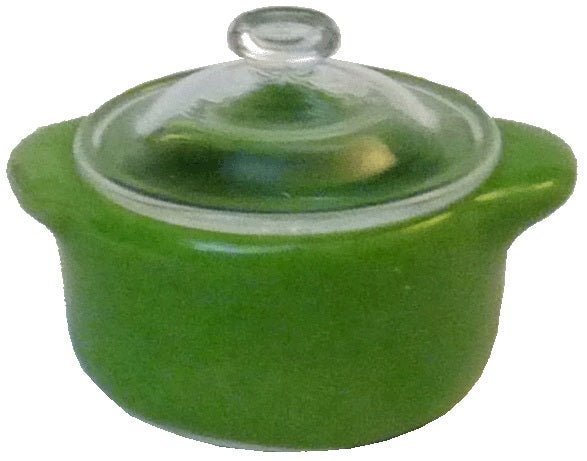 Dollhouse Small Stock Soup or Bean Pot with Lid Green Ceramic 1:12 Scale - MiniatureCrush