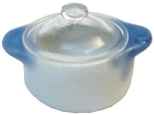 Dollhouse Small Stock Soup or Bean Pot with Lid White & Blue Ceramic 1:12 Scale - MiniatureCrush