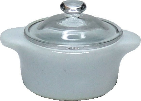 Dollhouse Small Stock Soup or Bean Pot with Lid White Ceramic 1:12 Scale - MiniatureCrush