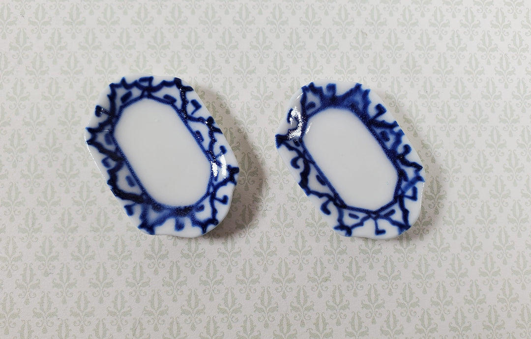 Dollhouse Small White & Blue Ceramic Platter 1:12 Scale Miniature Set of 2 - MiniatureCrush