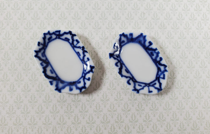 Dollhouse Small White & Blue Ceramic Platter 1:12 Scale Miniature Set of 2 - MiniatureCrush