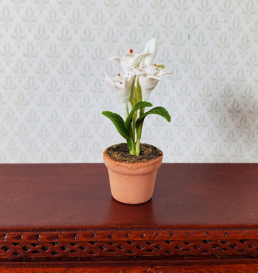 Dollhouse Small White Lily in a Terra Cotta Pot 1:12 Scale Miniature Flowers - MiniatureCrush