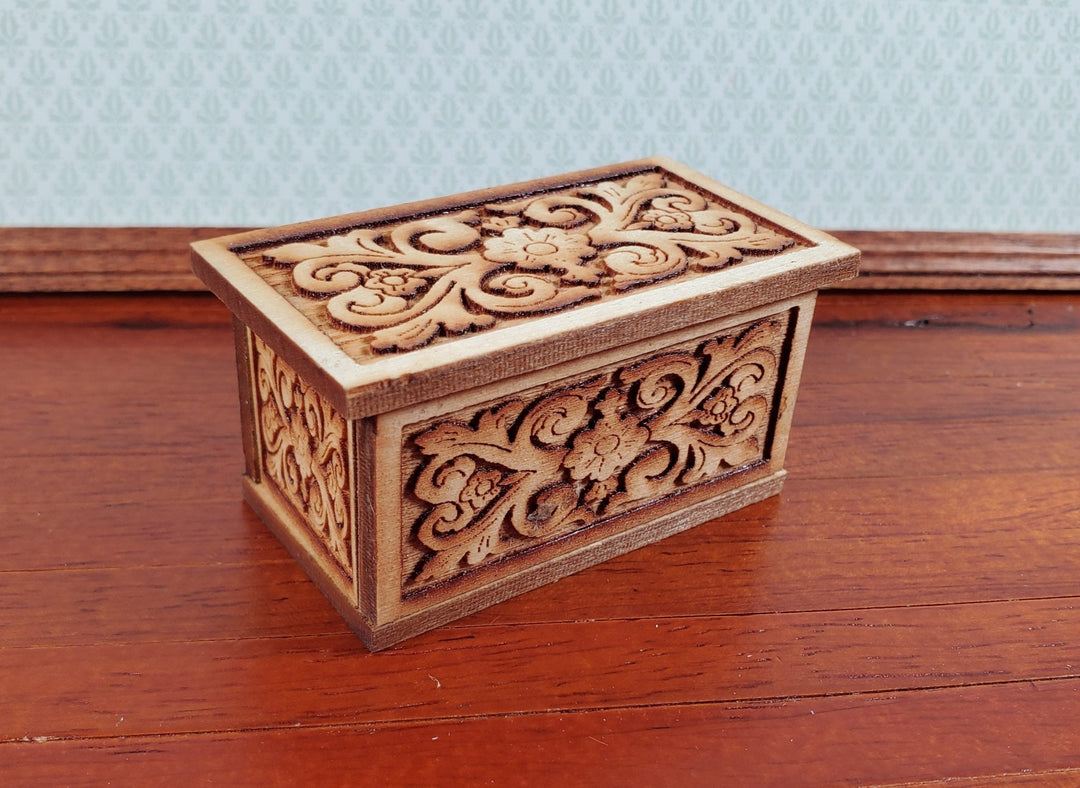 Dollhouse Small Wood Trunk with Removable Lid Laser Carved 1:12 Scale Furniture - MiniatureCrush