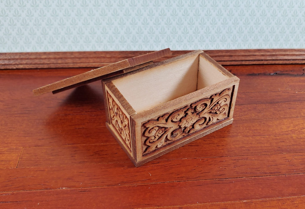 Dollhouse Small Wood Trunk with Removable Lid Laser Carved 1:12 Scale Furniture - MiniatureCrush