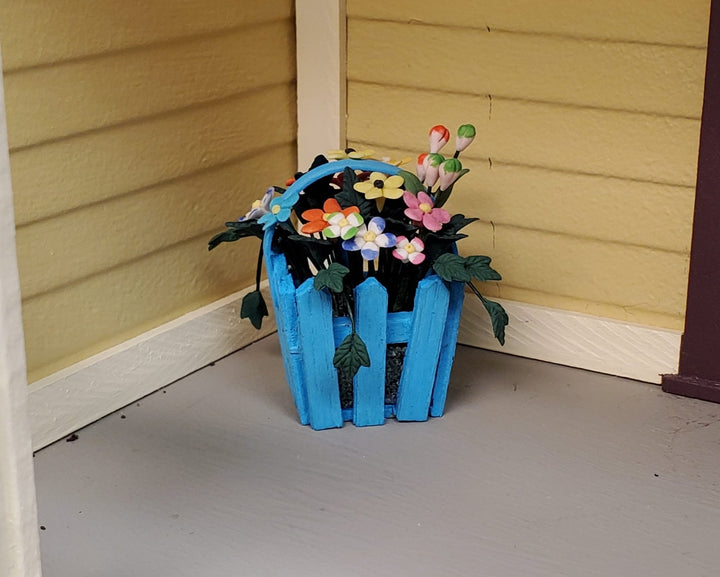 Dollhouse Spring Florals in Blue Picket Planter 1:12 Scale Miniature - MiniatureCrush