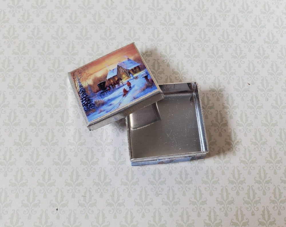 Dollhouse Square Winter Scene Cookie Tin Empty 1:12 Scale Miniature Christmas - MiniatureCrush