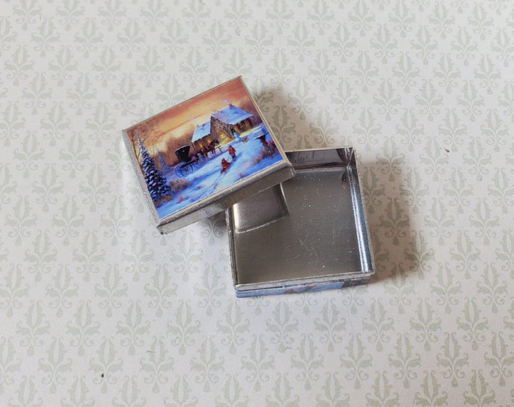 Dollhouse Square Winter Scene Cookie Tin Empty 1:12 Scale Miniature Christmas - MiniatureCrush