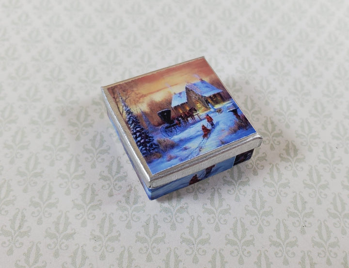 Dollhouse Square Winter Scene Cookie Tin Empty 1:12 Scale Miniature Christmas - MiniatureCrush