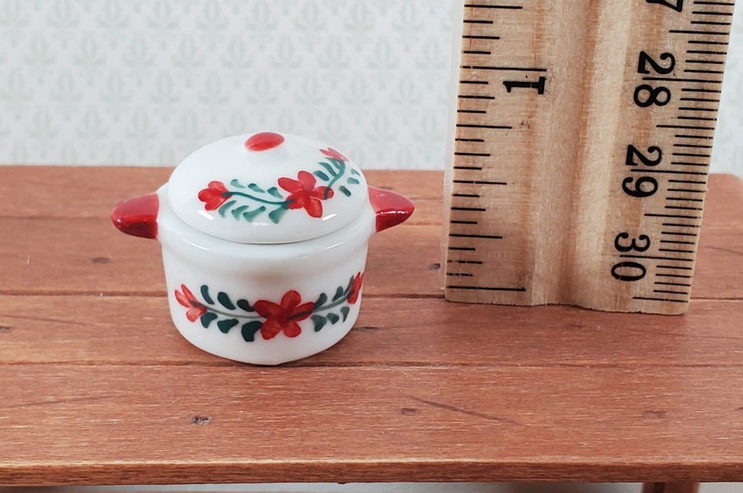 Dollhouse Stock Pot for Soup Ceramic with Lid Red & White 1:12 Scale Miniatures - Miniature Crush