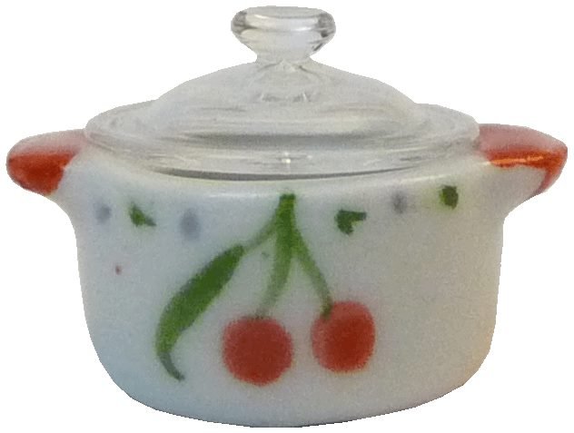 Dollhouse Stock Soup or Bean Pot with Lid Cherry Design 1:12 Scale Miniature - MiniatureCrush