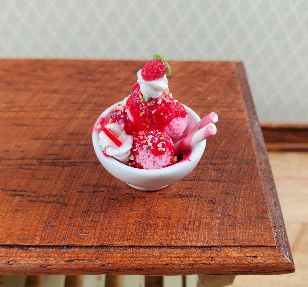 Dollhouse Strawberry Ice Cream Sundae in Ceramic Bowl LARGE 1:12 Scale Miniature - Miniature Crush