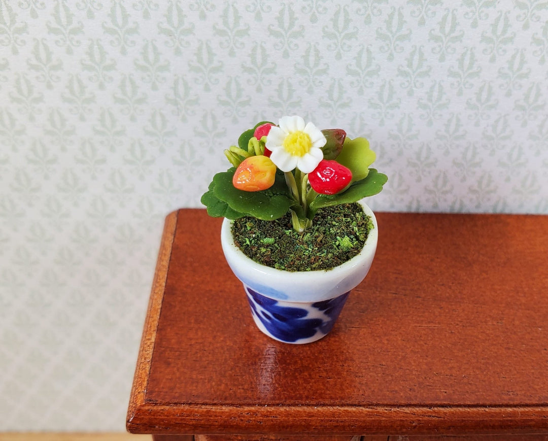 Dollhouse Strawberry Plant in a Blue & White Ceramic Pot 1:12 Scale Miniature - MiniatureCrush