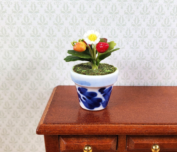 Dollhouse Strawberry Plant in a Blue & White Ceramic Pot 1:12 Scale Miniature - MiniatureCrush