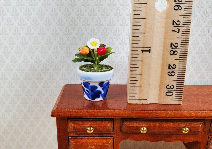 Dollhouse Strawberry Plant in a Blue & White Ceramic Pot 1:12 Scale Miniature - MiniatureCrush