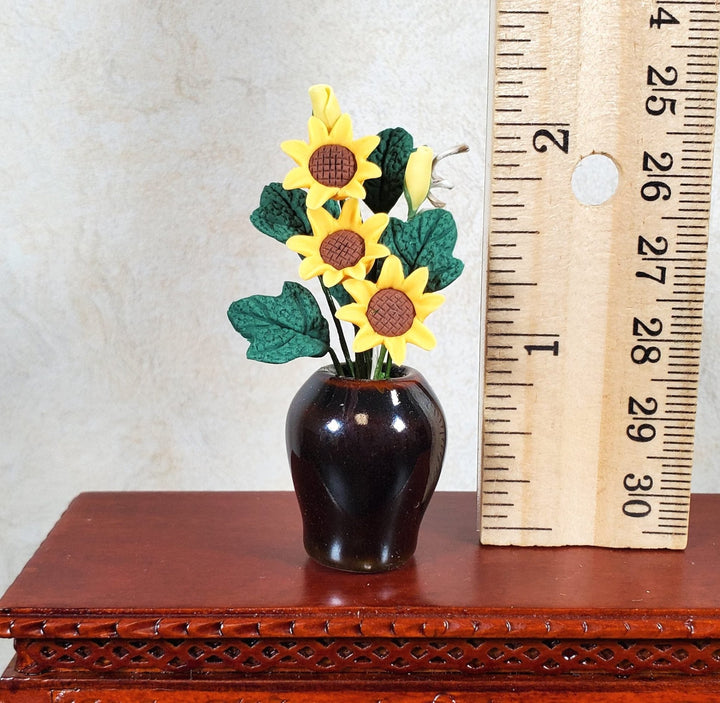 Dollhouse Sunflowers in Ceramic Black Vase 1:12 Scale Miniature Flowers - MiniatureCrush