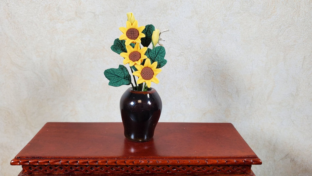 Dollhouse Sunflowers in Ceramic Black Vase 1:12 Scale Miniature Flowers - MiniatureCrush