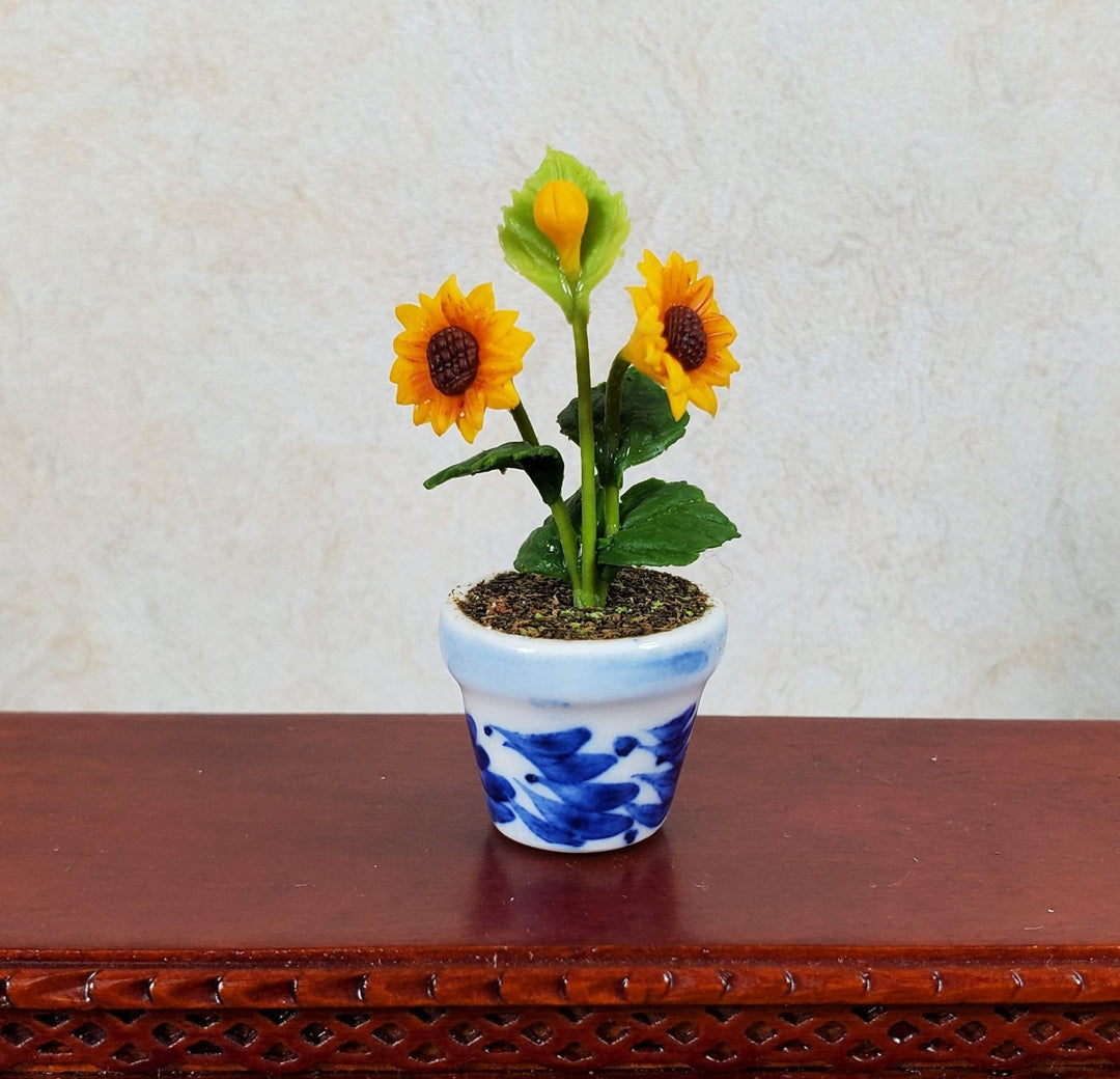 Dollhouse Sunflowers Plant in Blue and White Ceramic Pot 1:12 Scale Miniature - MiniatureCrush