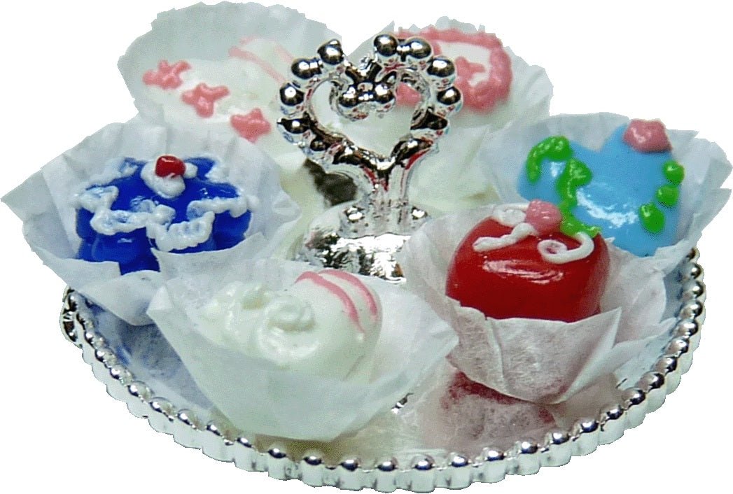 Dollhouse Sweets on a Silver Heart Tray 1:12 Scale Miniature Dessert Food - MiniatureCrush