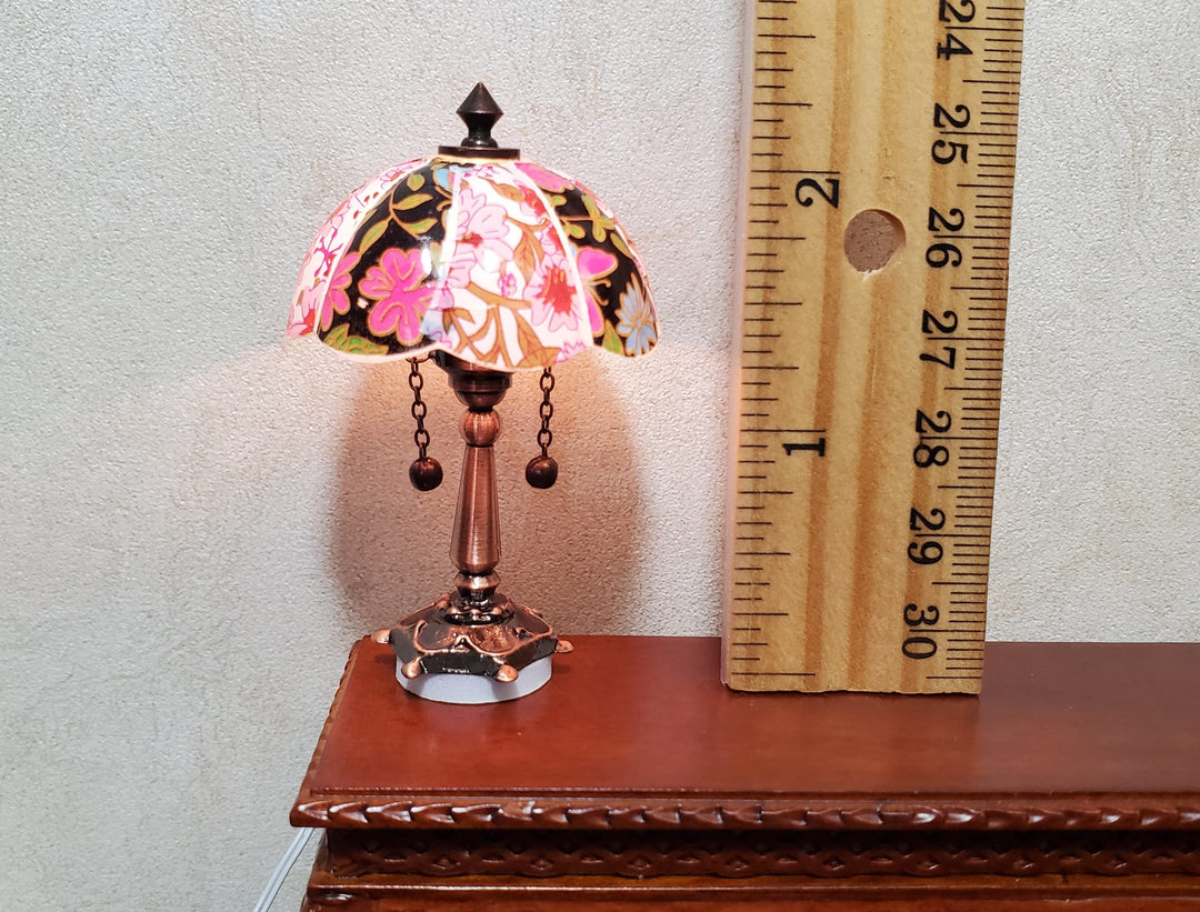 Dollhouse Table Lamp 12 volt w/ Plug Floral Shade Bronze Base 1:12 Scale - MiniatureCrush