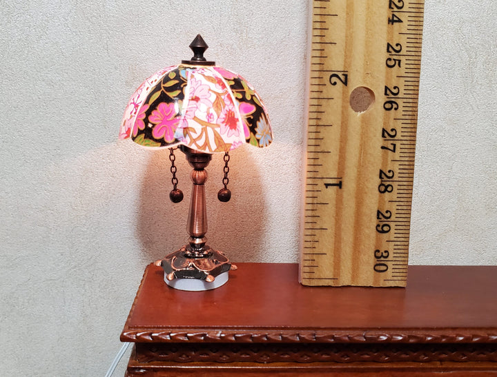 Dollhouse Table Lamp 12 volt w/ Plug Floral Shade Bronze Base 1:12 Scale - MiniatureCrush