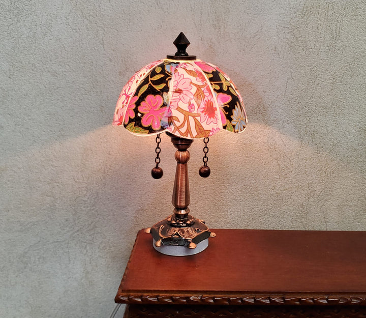Dollhouse Table Lamp 12 volt w/ Plug Floral Shade Bronze Base 1:12 Scale - MiniatureCrush