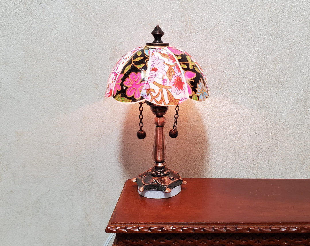 Dollhouse Table Lamp 12 volt w/ Plug Floral Shade Bronze Base 1:12 Scale - MiniatureCrush