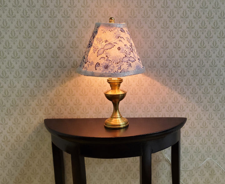 Dollhouse Table Lamp Blue Onion Design Brass Base 12 Volt Wired 1:12 Scale - MiniatureCrush