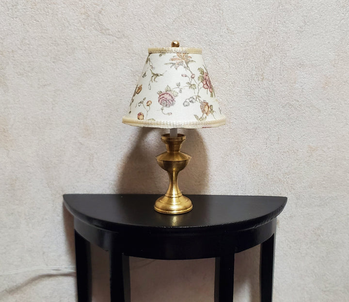 Dollhouse Table Lamp Cream Floral Shade Brass Base 12 Volt Wired 1:12 Scale - MiniatureCrush
