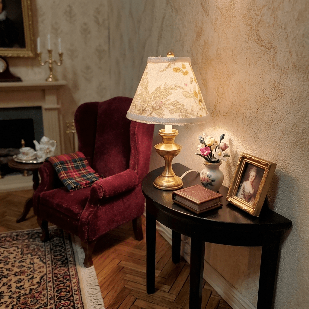 Dollhouse Table Lamp Cream & Green Shade Brass Base 12 Volt Wired 1:12 Scale - MiniatureCrush