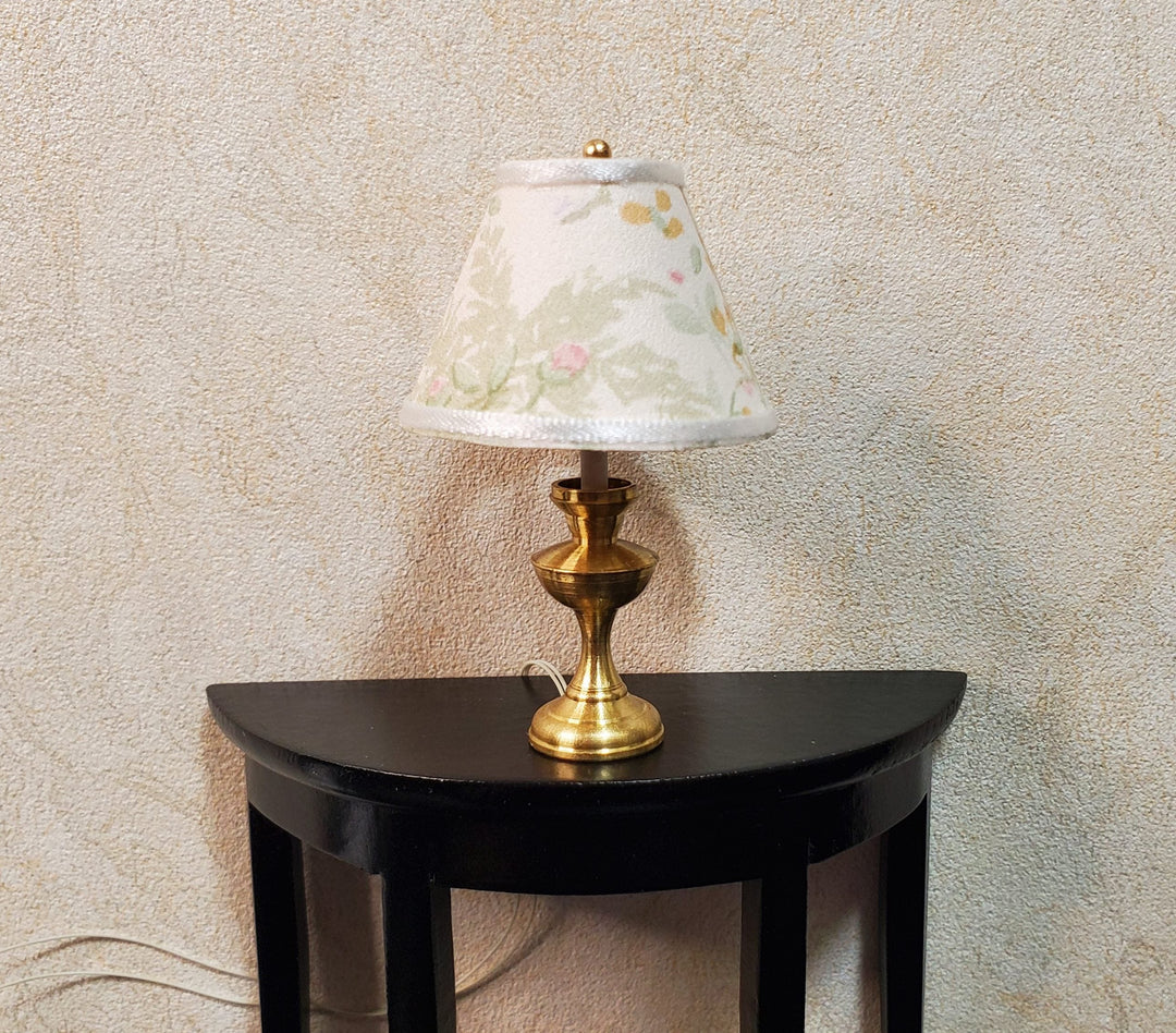 Dollhouse Table Lamp Cream & Green Shade Brass Base 12 Volt Wired 1:12 Scale - MiniatureCrush