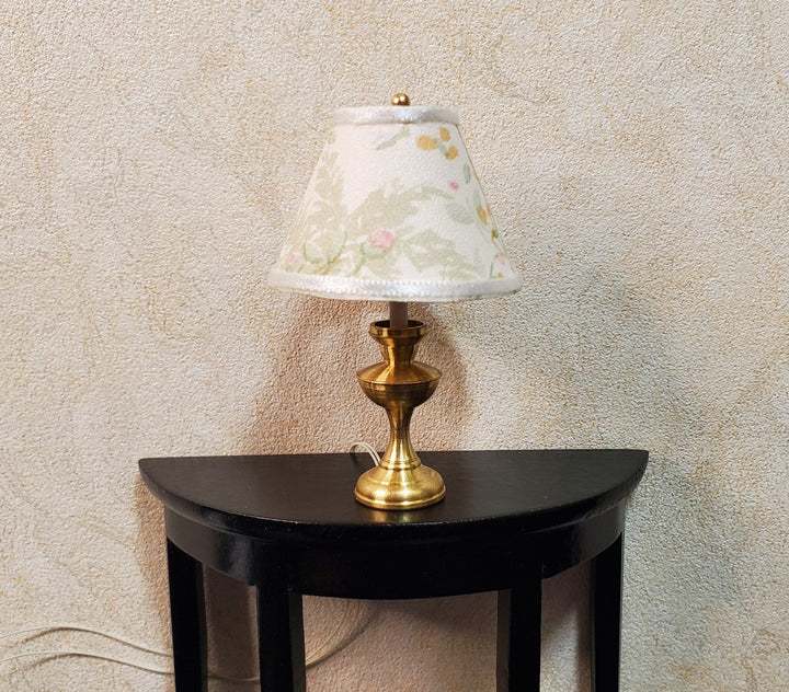 Dollhouse Table Lamp Cream & Green Shade Brass Base 12 Volt Wired 1:12 Scale - MiniatureCrush