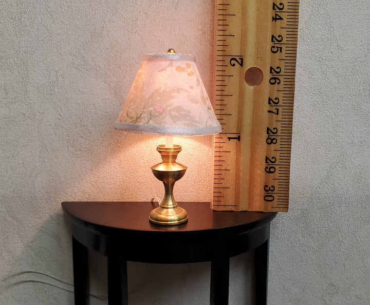 Dollhouse Table Lamp Cream & Green Shade Brass Base 12 Volt Wired 1:12 Scale - MiniatureCrush