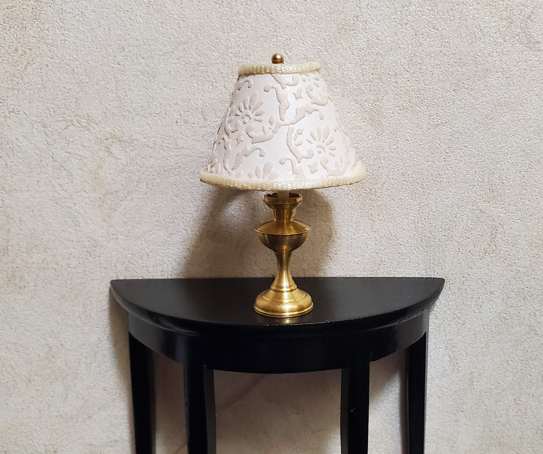 Dollhouse Table Lamp Embossed Cream Shade Brass Base 12 Volt Wired 1:12 Scale - MiniatureCrush