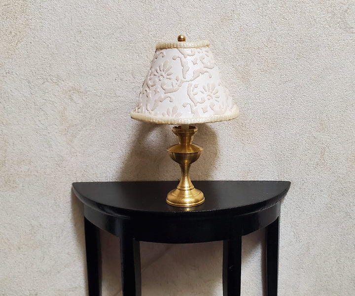 Dollhouse Table Lamp Embossed Cream Shade Brass Base 12 Volt Wired 1:12 Scale - MiniatureCrush