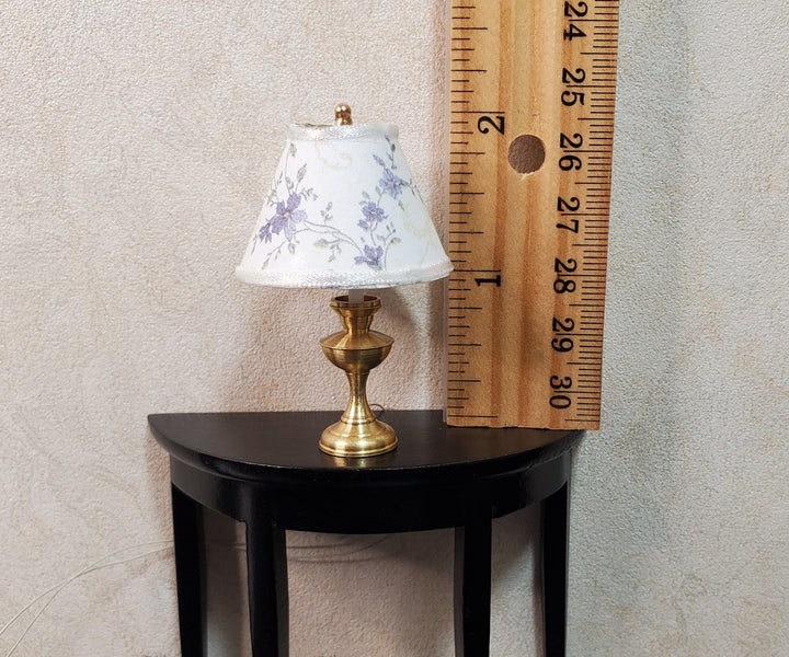 Dollhouse Table Lamp Purple Floral Shade Brass Base 12 Volt Wired 1:12 Scale - MiniatureCrush