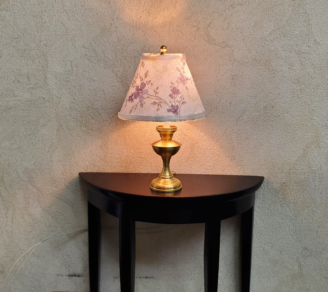Dollhouse Table Lamp Purple Floral Shade Brass Base 12 Volt Wired 1:12 Scale - MiniatureCrush