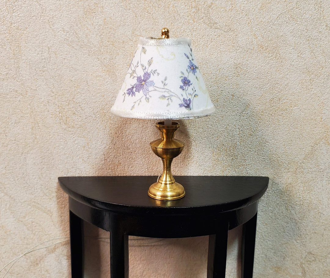 Dollhouse Table Lamp Purple Floral Shade Brass Base 12 Volt Wired 1:12 Scale - MiniatureCrush