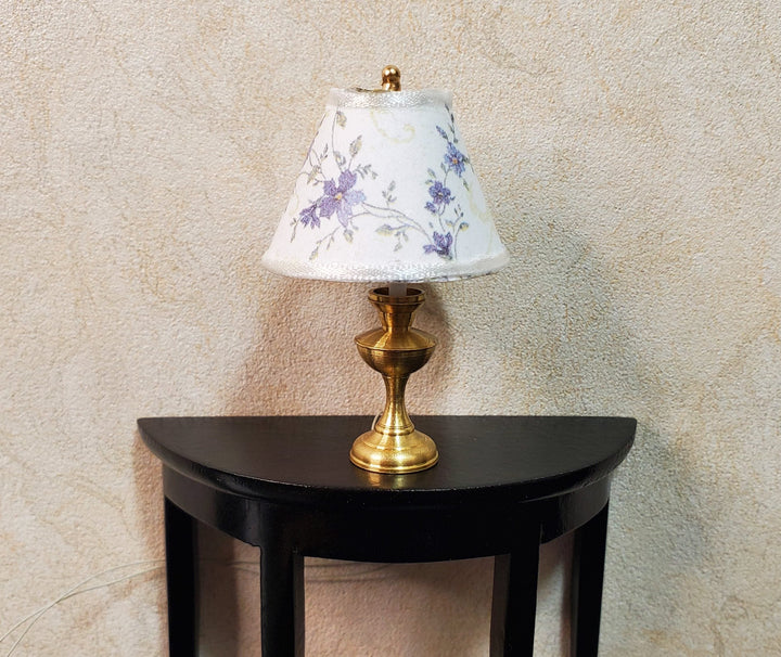 Dollhouse Table Lamp Purple Floral Shade Brass Base 12 Volt Wired 1:12 Scale - MiniatureCrush