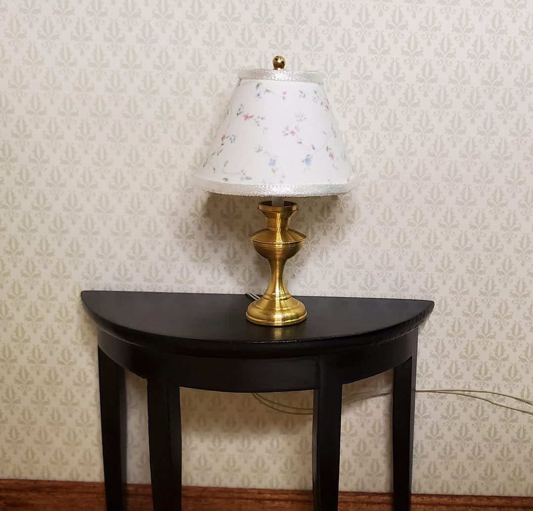 Dollhouse Table Lamp Tiny Floral Design Brass Base 12 Volt Wired 1:12 Scale - MiniatureCrush
