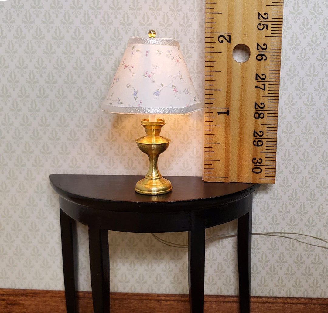 Dollhouse Table Lamp Tiny Floral Design Brass Base 12 Volt Wired 1:12 Scale - MiniatureCrush