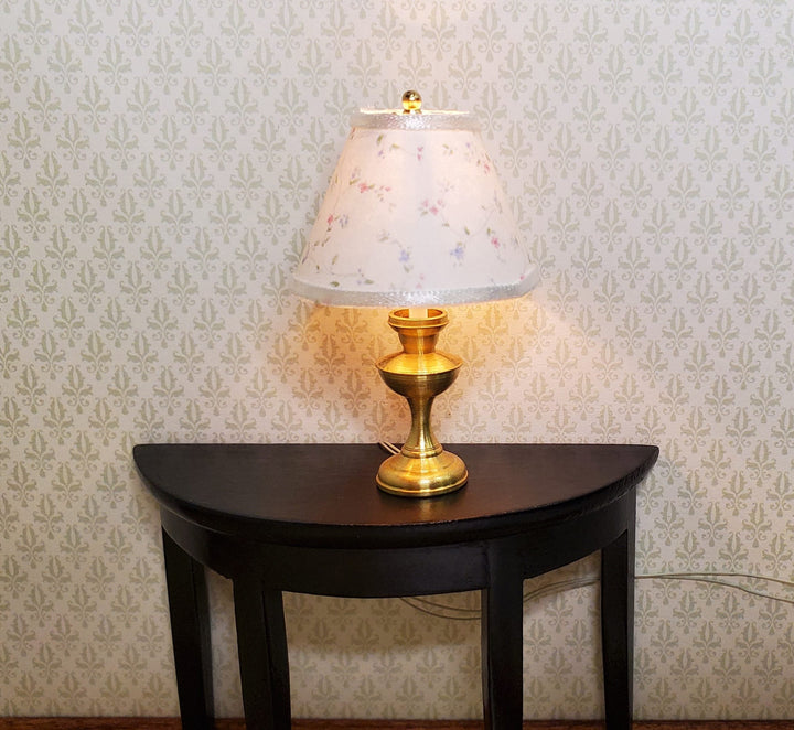 Dollhouse Table Lamp Tiny Floral Design Brass Base 12 Volt Wired 1:12 Scale - MiniatureCrush