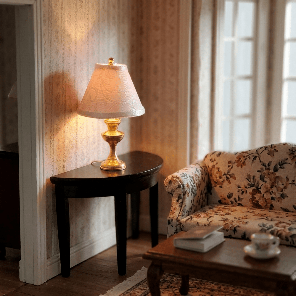 Dollhouse Table Lamp with White Embossed Shade Brass Base 12 Volt Wired 1:12 Scale - MiniatureCrush