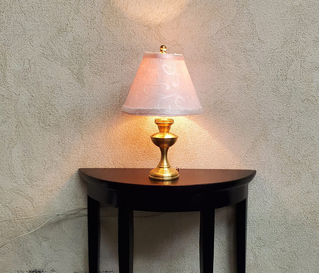 Dollhouse Table Lamp with White Embossed Shade Brass Base 12 Volt Wired 1:12 Scale - MiniatureCrush
