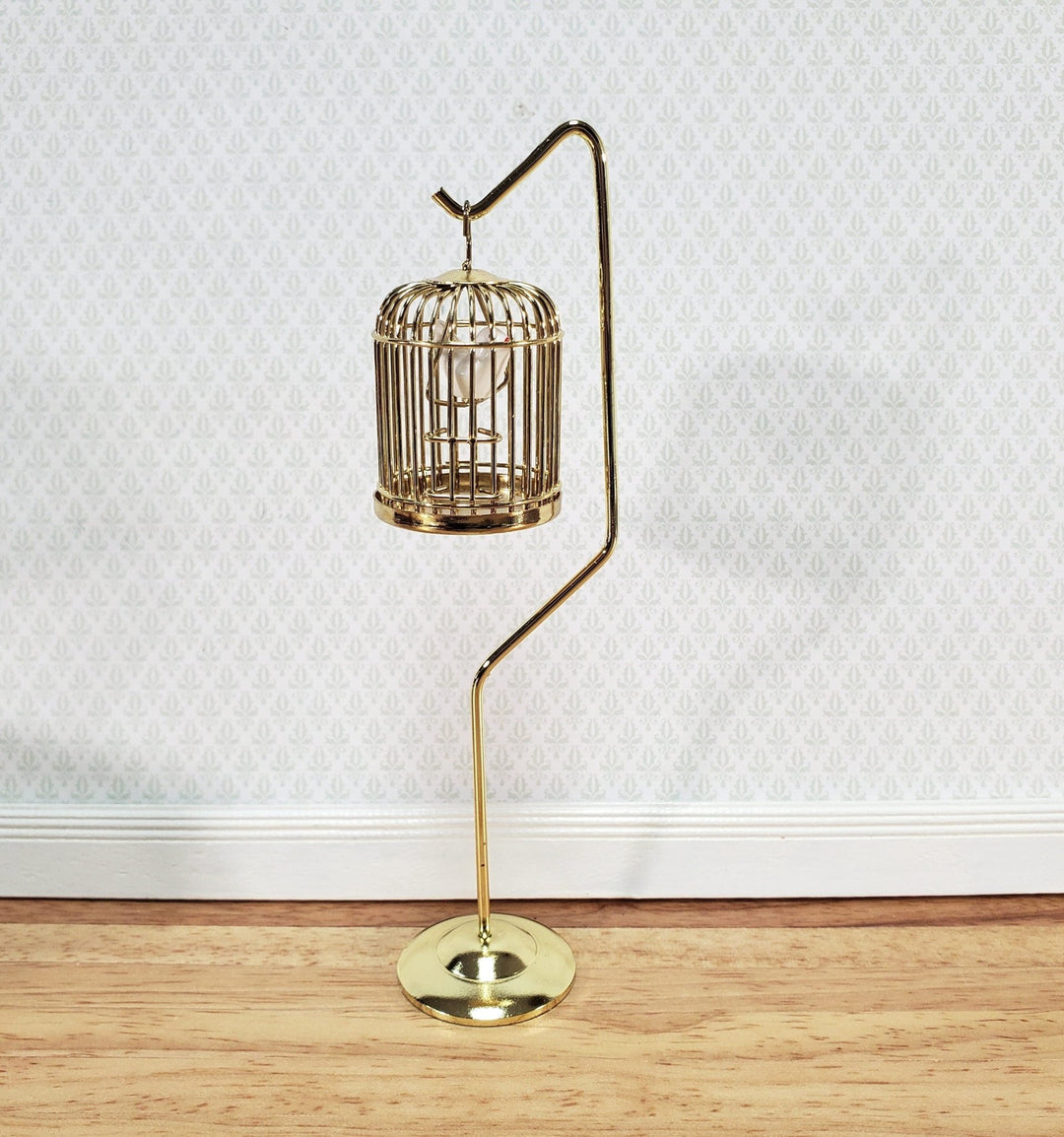 Dollhouse Tall Birdcage with Stand Gold Metal with Bird 1:12 Scale Miniature - Miniature Crush