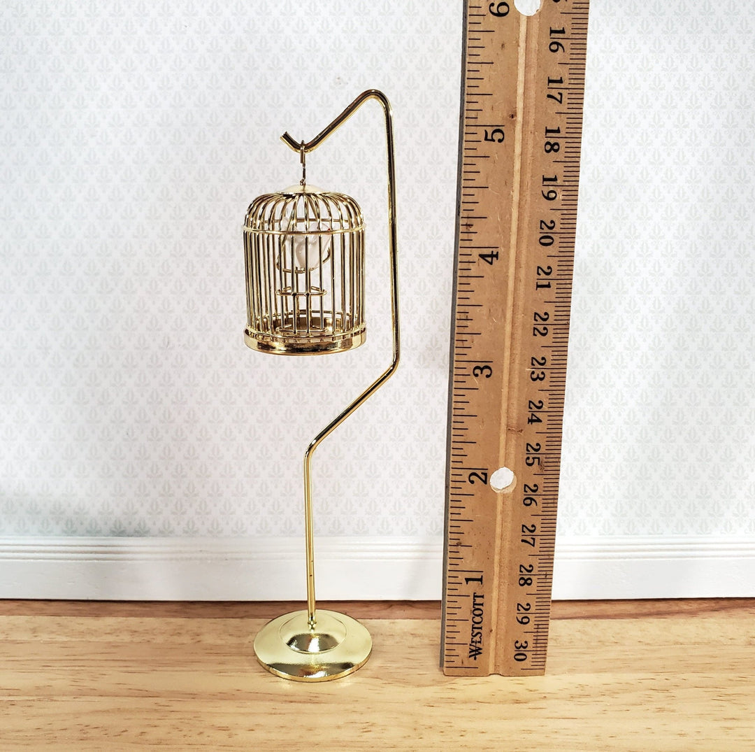 Dollhouse Tall Birdcage with Stand Gold Metal with Bird 1:12 Scale Miniature - Miniature Crush