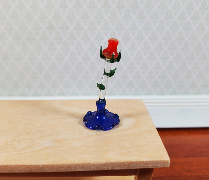 Dollhouse Tall Glass Rose Centerpiece Sculpture Blue Base 1:12 Scale Miniature - MiniatureCrush