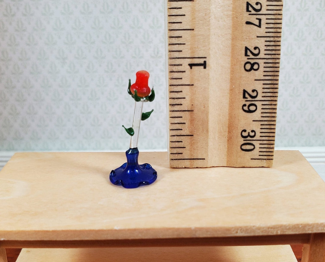 Dollhouse Tall Glass Rose Centerpiece Sculpture Blue Base 1:12 Scale Miniature - MiniatureCrush