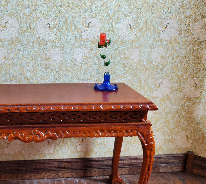 Dollhouse Tall Glass Rose Centerpiece Sculpture Blue Base 1:12 Scale Miniature - MiniatureCrush