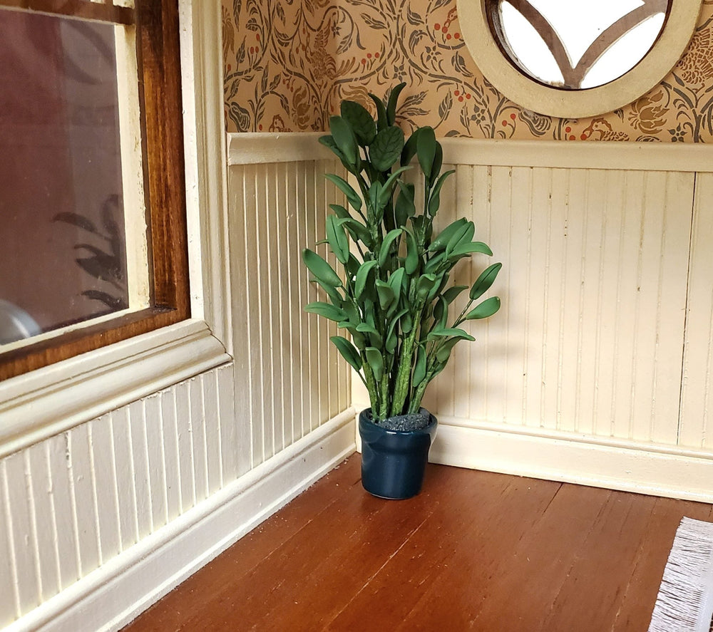 Dollhouse Tall Leafy Houseplant in Green Ceramic Planter 1:12 Scale Miniature - MiniatureCrush